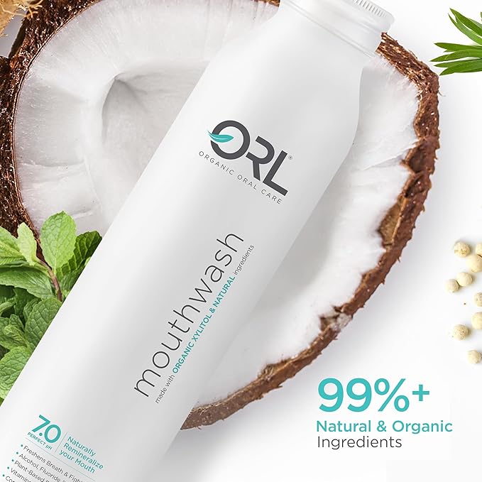 ORL Natural & Organic Alcohol-Free Mouthwash Uniquely Formulated to Clean Your Mouth, Whiten Your Teeth, Strengthen Tooth Enamel with 7.0 pH Balance. Eco-Friendly Aluminum Bottle. 16.9 oz.