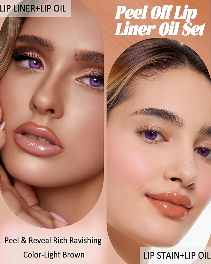 Nude Brown Peel off Lip Stain Oil Set,Matte Long Lasting Waterproof Lip Liner Stain Tattoo Peel off,Nourish Non-Sticky Glossy Clear Lipgloss, Natural High Pigment,Transfer-Proof Lip Combo for Women-03