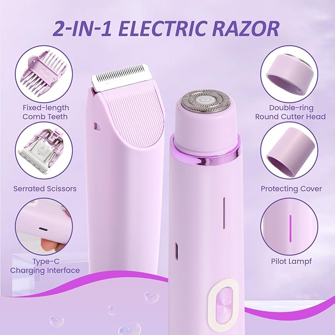 Bikini Trimmer for Women, 2-in-1 Electric Razor for Women, Cordless Electric Shaver Type-C with Cable, Bikini Trimmer for Body, Face, Underarm, Hypoallergenic, Wet & Dry Use, Waterproof