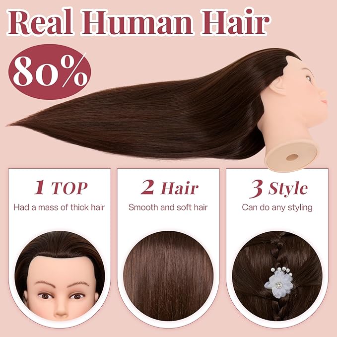 28Inch Mannequin Head Human Hair 60% Real Hair - Mannequin Head Cosmetology with Hair Doll head for hair Styling Braiding Curling, with Table Clamp Styling Set (Dark Brown)