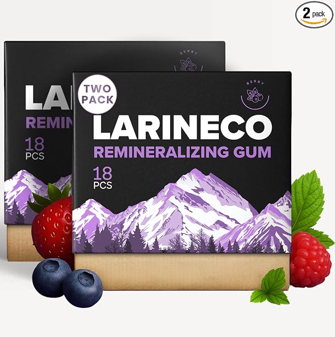 Larineco Remineralizing Gum with Nano Hydroxyapatite & Xylitol – Sugar-Free Xylitol Gum – Plastic-Free, Dye-Free, Aspartame-Free – Natural Base – 36 Pieces (18 Count (Pack of 2), Berry)