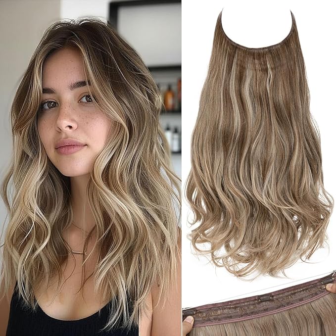 SARLA Invisible Wire Hair Extensions with 3 Clips Long Wavy Curly Synthetic Hairpiece for Women Adjustable Transparent Headband 16 Inch Dark Sand
