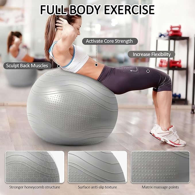 Gruper Yoga Ball, Multiple Sizes Non Slip Exercise Ball for Workout, Birthing, Balance, Stability, Pregnancy, 2200LB Capacity, Anti Burst Chair for Home and Office, Includes Quick Pump & Fitness Guide