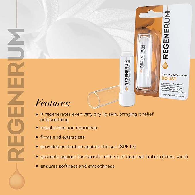 Regenerum - Lip Serum - Intensive Care for Dry, Chapped Skin - Hydrates, Nourishes, and Protects with SPF 15, Softens for Lasting Comfort - 5g