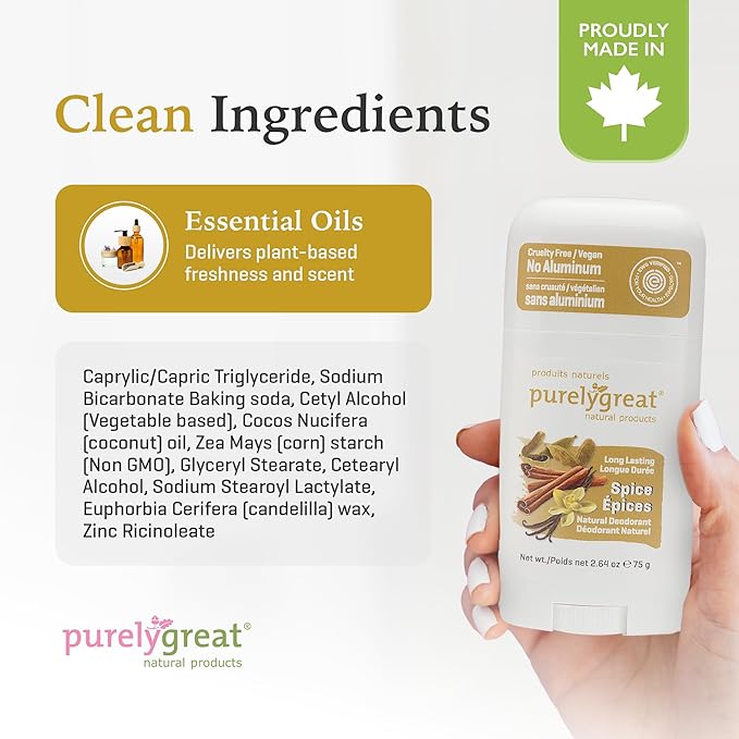 Purelygreat - Spice-Scented Natural Deodorant Stick, Travel-Friendly Hygiene Essentials for Women, Natural Deodorant for Men Without Aluminum & Parabens, 2.64 oz / 75 g