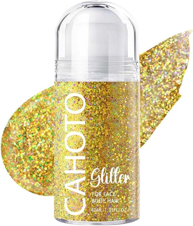 Gold Rolling Glitter for Face Body & Hair, Sparkling Holographic Chunky Shimmer, Roll-on Sequins for Singer Concert Mardi Gras Rave Festival Halloween Party Carnival, 1.35fl.oz