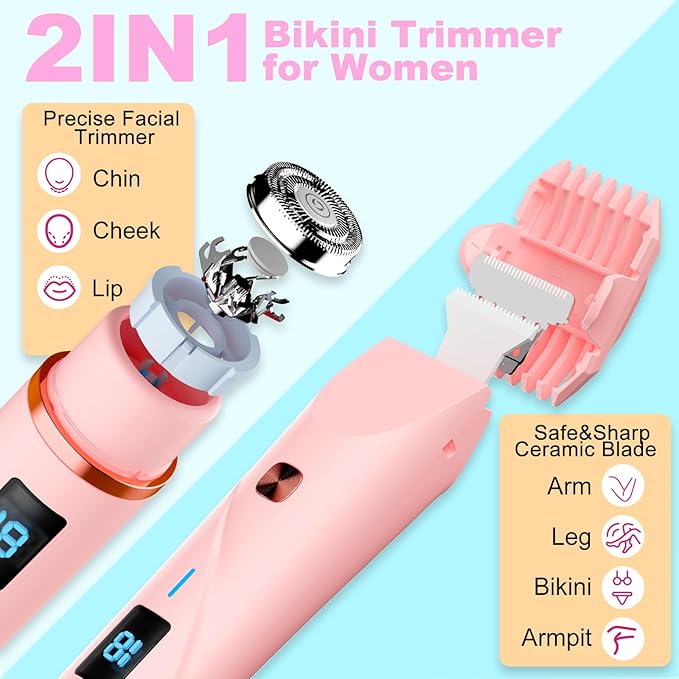 Bikini Trimmer for Women, 2 in 1 Electric Razors for Women Pubic Hair, IPX7 Waterproof Dual Head Bikini Shaver with LED Display, Rechargeable Electric Trimmer (Pink)