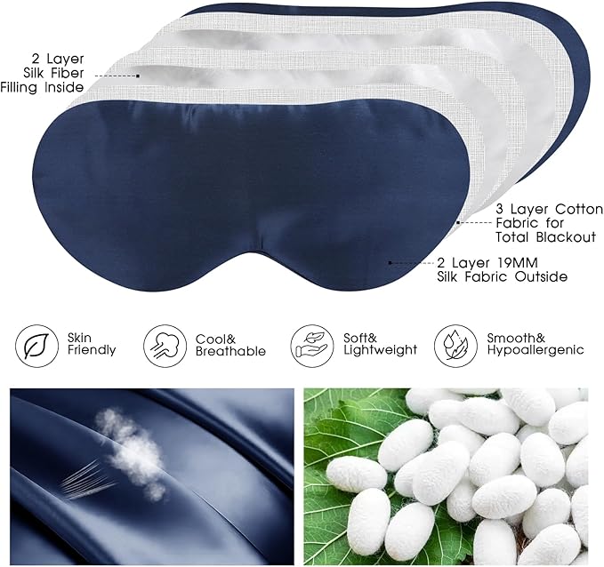 SILKTALE Mulberry Silk Blackout Adjustable Sleep Eye Mask for Men/Women Travel Plane,Navy Blue