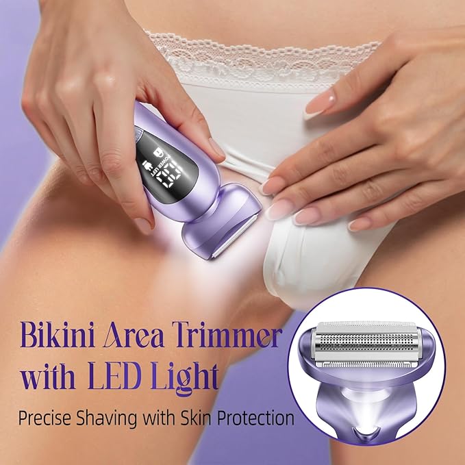 Cordless Electric Razors for Women: Rechargeable Painless Bikini Trimmer for Body Hair - IPX7 Waterproof Shaver with LED Display for Face/Underarm/Leg Deep Purple