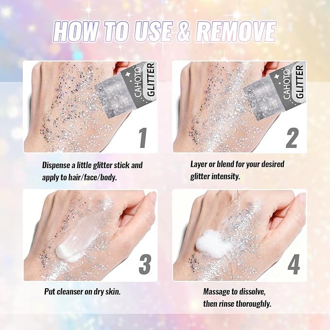 Silvery Face Body & Hair Glitter Stick for Singer Concerts Outfit, Shimmer Stick Gel for Women, Sparkling Holographic Chunky Sequins for Carnival Rave Festival Halloween, 0.56oz