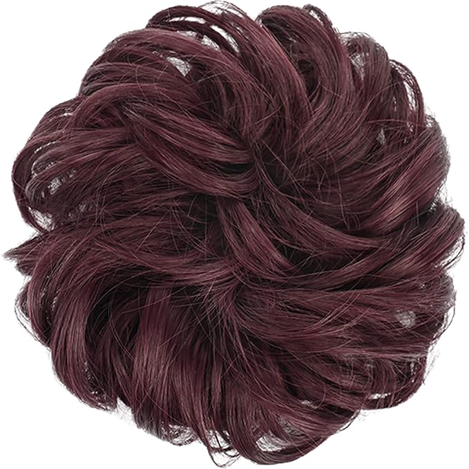 FESHFEN Messy Bun Hair Piece - Wavy Synthetic Chignon Scrunchies for Instant Volume, Elastic Bun Ponytail Hair Extensions Thick Hairpieces for Women, Wine Red 1.50 oz