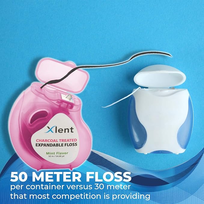 XLENT Floss Expandable Dental Floss – Activated Charcoal with Xylitol & Plant-Based Wax | Fresh Mint Flavor | PFAS & PTFE Free | 50 m x 2