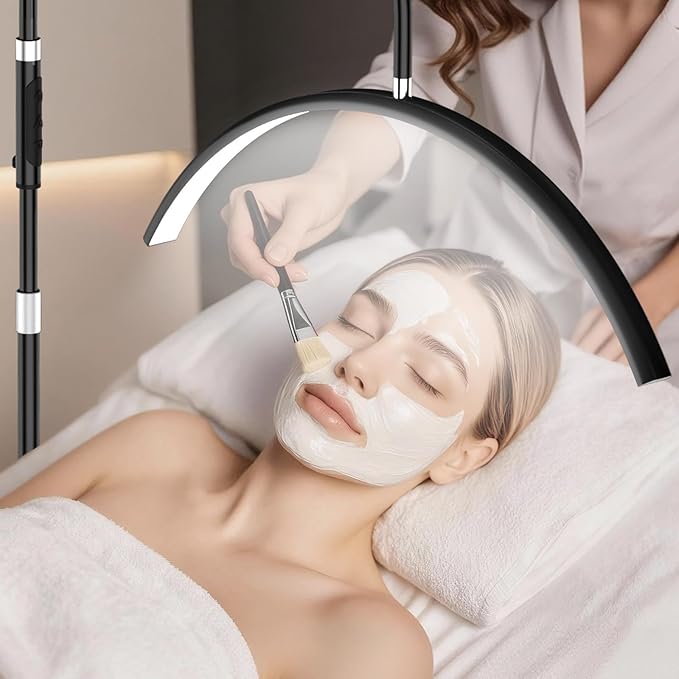young master Half Moon Lash Light, 24W 1500LM Dimmable LED Floor Lamp with Adjustable Height for Lash Techs, Tattoo & Nail Artists, 4 Color Modes, Phone Holder & 2 Trays Included