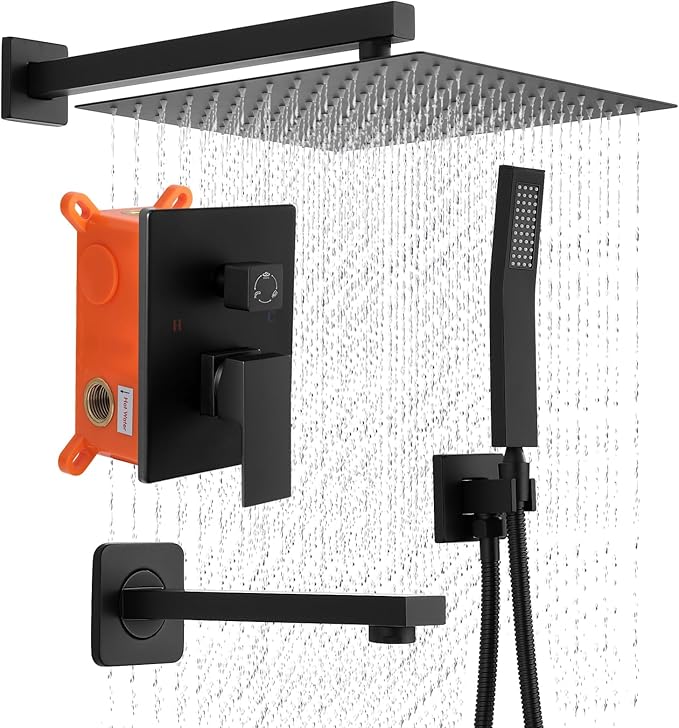 POPFLY Matte Black Shower System - 10 Inch Square Rainfall Shower Head & Handheld Spray Combo, Wall Mounted High Pressure Faucet Set with Brass Valve, Shower Hose & Trim Kit