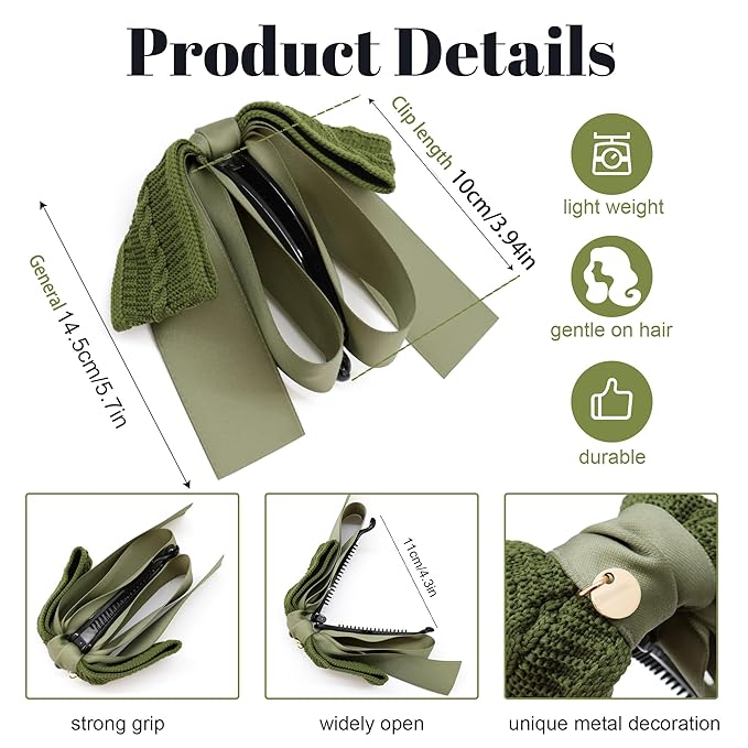 3Pcs Knitted Bow Banana Hair Clips Set, Cable Knit Hair Accessories with Satin Ribbon for Women Girls, Non-Slip Hair Women Daily Clamps for Medium/Thin/Fine Hair (NOT for Thick Hair)