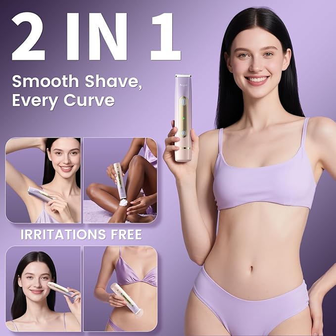 Bikini Trimmer for Women, 2 in 1 Dual Head Rechargeable Electric Shaver, Painless Pubic Hair Trimmer for Underarm Leg Arm Body Face– IPX7 Waterproof & Travel-Friendly, GoldPurple