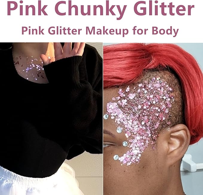 Go Ho Pink Face Body Glitter Gel,Singer Concerts Pink Face Paint Makeup Holographic Chunky Sequins Glitters for Hair/Nails/Lip,Music Disco Outfit for Women,Festival Accessories,52g