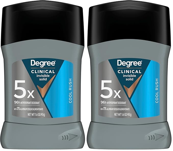 Degree Clinical Strength Antiperspirant Deodorant 96-Hour Sweat and Odor Protection Cool Rush Invisible Solid 5x Types of Sweat 1.6 OZ (Pack of 2)