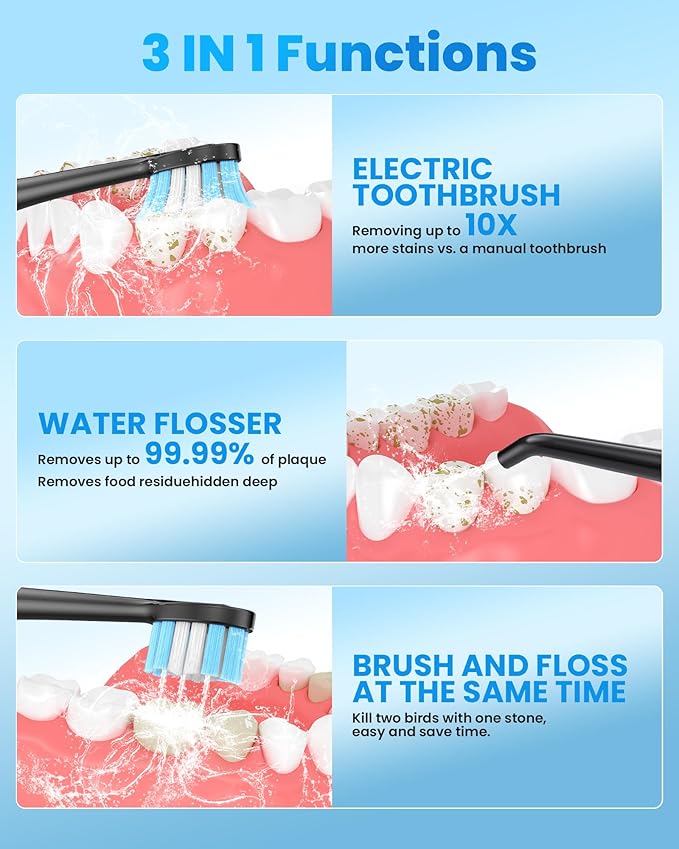 UNINGOPI Electric Toothbrush with Water flosser, 3 in 1 Teeth Cleaning Kit with 7 Modes, Electric Toothbrush and flosser Combofor Adults, Water Flosser Portable for Travel and Home (Black)