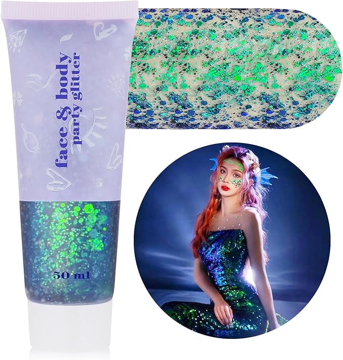 MEICOLY Chameleon Green Face Body Glitter,Holographic Self-Adhesive Face Glitter,Color Changing Mermaid Face Glitter,Halloween Glitter Face Paint for Face Body Hair,St Patricks Day Accessories