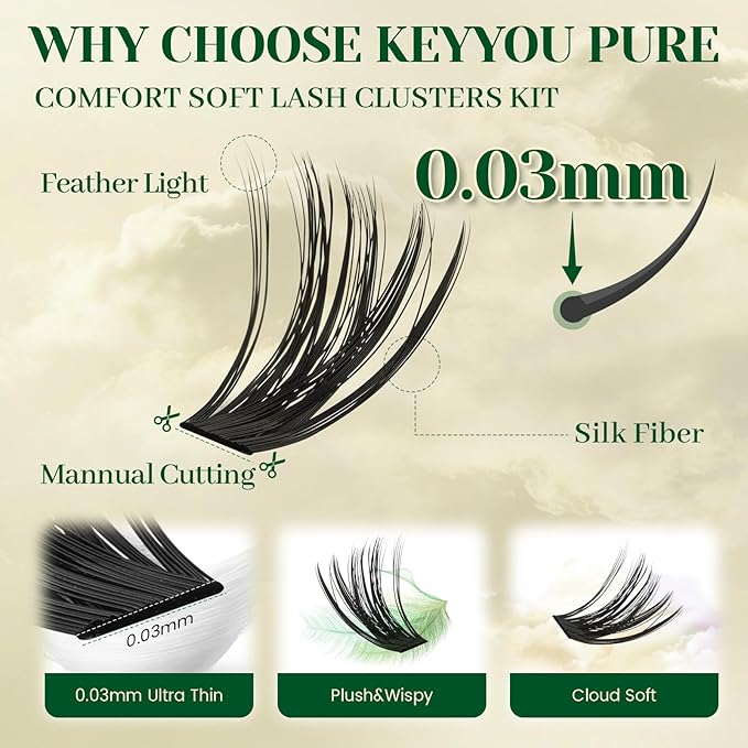 KEYYOU Lash Clusters Kit Thick Lash Extension Kit with 280pcs Super Soft 60D+80D D Curl 10-18MIX Lash Clusters for Volume Fluffy Look with Bond&Seal and Applicator DIY at Home