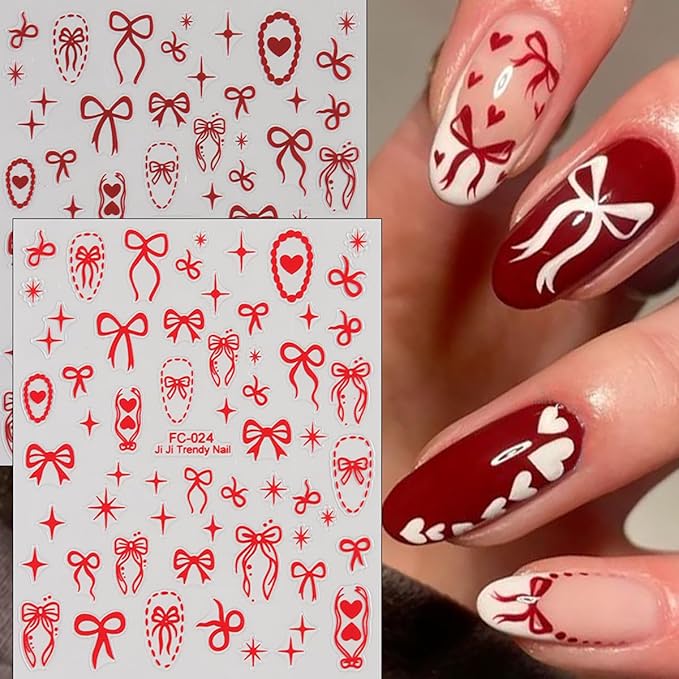 Bow Nail Art Stickers Red White Laser Bow Stars Hearts Nail Design Stickers for Nails Art Valentines Bows Nail Decals Supplies DIY Acrylic Manicure Decoration Accessories for Women 6 Sheets