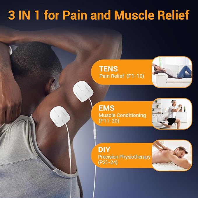 Comfytemp 4 Outputs TENS Unit for Sciatica Cover Multiple Parts, FSA HSA Eligible Rechargeable EMS&Massage TENS Unit Muscle Stimulator for Pain Relief with 24 Modes and DIY for Back, Shoulder, Neck