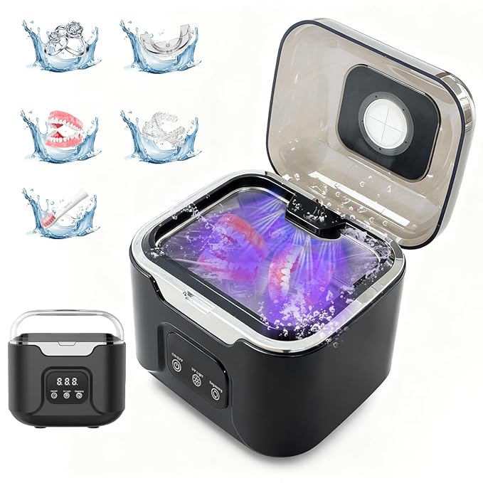 Ultrasonic Retainer Cleaner Machine, 48kHz Ultrasonic Dentures Cleaner with Timer & 4 Modes, 240ML Dental Pod for Mouth Guards, Braces, Aligner, Toothbrush, Jewelry, Makeup tool (Black)