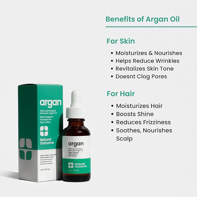 Argan Oil 100% Pure Moroccan Cold-Pressed Face, Body and Hair Lightweight Oil for Moisturizing, Hydrating & Skin Nourishment, 1 oz by Natural Outcome