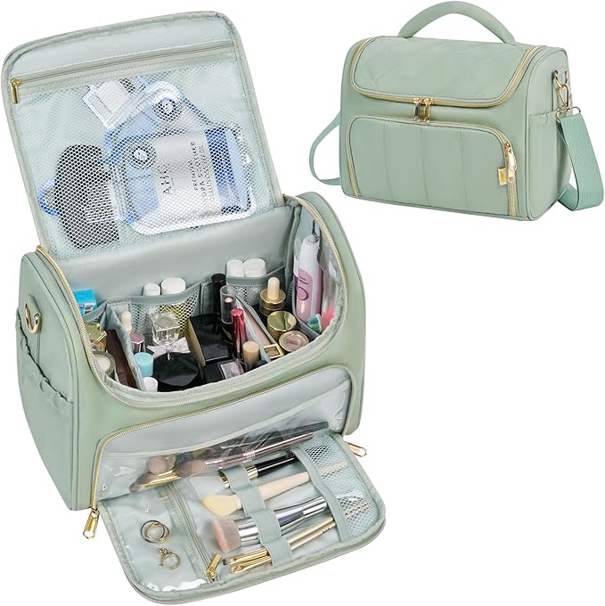 GR69N Travel Toiletry Bag Large Cosmetic Makeup Bag Organizer for Women,Wide-open Make Up Bag Waterproof Makeup Case Travel Bag with Handle and Dividers for Toiletries,Essentials,Accessories,Green