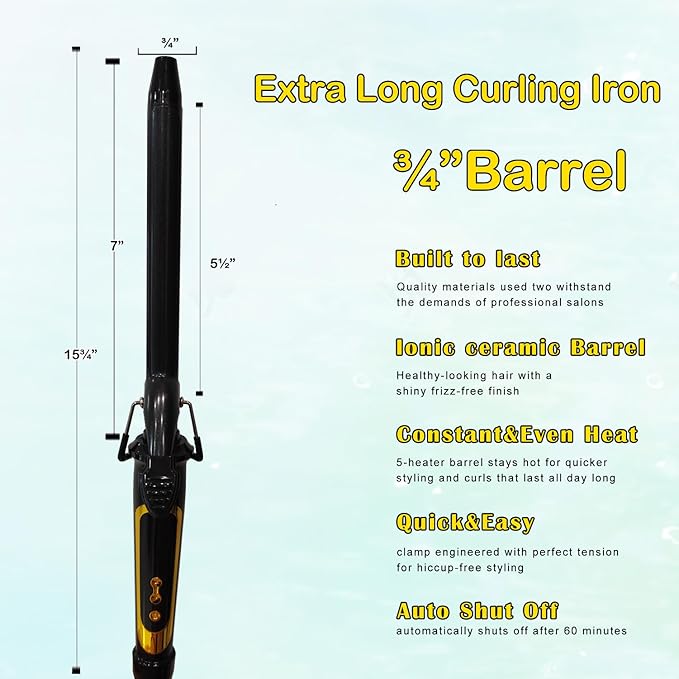 abp 3/4 Inch Curling Iron Long Barrel with Ceramic Coating for Short/Medium Hair,LED Display Instant Heat up to 450°F with clamp,Hair Waving Style Tool Girls & Women