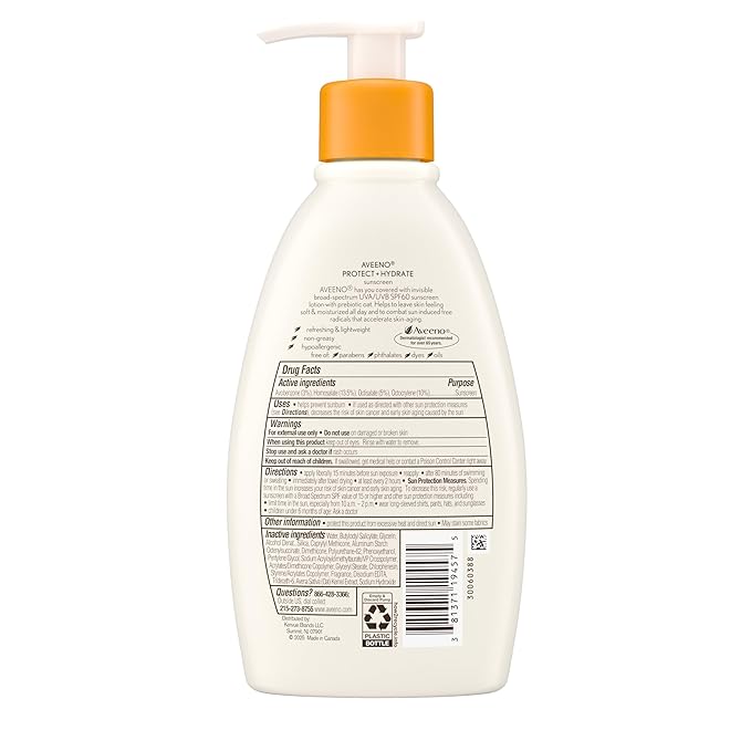 Aveeno Protect + Hydrate Sunscreen Moisturizing Lotion with Prebiotic Oat, Broad Spectrum SPF60, Paraben, & Oil Free, Weightless, Water & Sweat Resistant (80-min) for Sensitive Skin, 12 Fl Oz