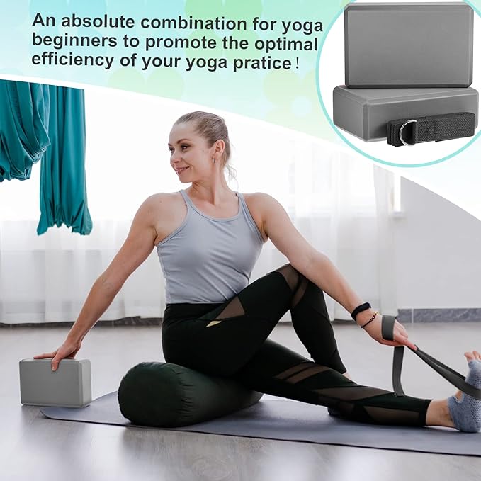 Meooeck 18 Pcs Yoga Block and Strap Set 9 x 6 x 3 Inch EVA Foam Non Slip Brick 8 ft Yoga Straps for Stretching D Ring Design Christmas Fitness Gifts for Women Pilates Workout Exercise