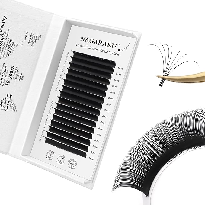 NAGARAKU Individual Eyelash Extensions, Luxury Collected Classic Single Lashes Upgraded 3rd Generation Soft Natural Beauty Salon Professional Lash Supplies 16 Rows Matte Black -0.07 C Curl 8mm