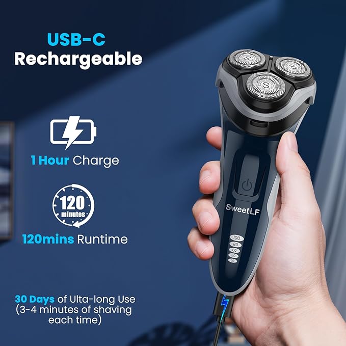SweetLF Electric Razor for Men with Pop-Up Trimmer, IPX7 Waterproof Electric Shaver, Rechargeable Cordless Shavers for Men, Type-C, 120Mins Runtime, Plug & Play, Blue