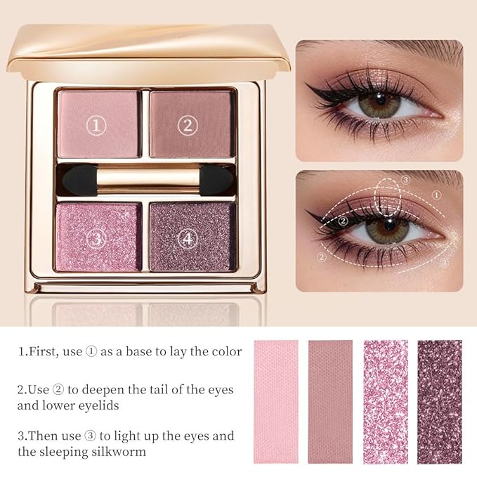 Cool Pink Mauve Eyeshadow Palette, 4 Matte & Glitter Shades for Icy Rose Glow and Romantic Soft Glam Looks — Enhances Brown, Hazel & Green Eyes, Long-Lasting High Pigment Blendable Eye Makeup 1
