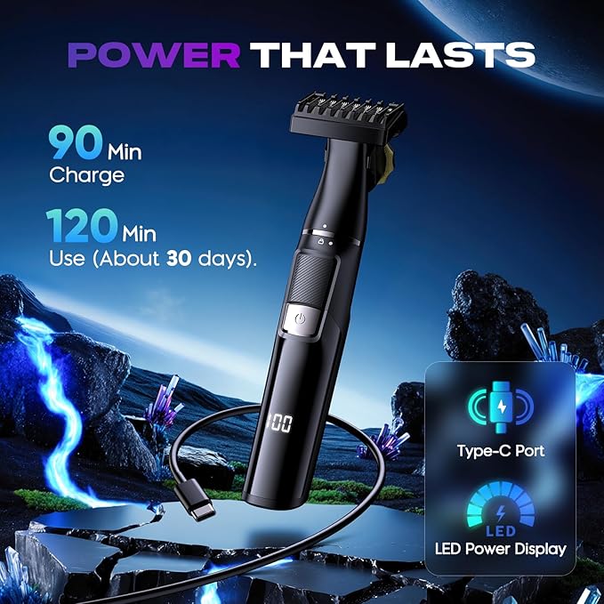 Electric Razor for Men 5 in 1, Beard Trimmer Kit with Adjustable 1–8mm Comb, Body Shaver, Nose & Ear Hair Trimmer, IPX7 Waterproof, Type-C Fast Charge, LED Display, 120-Min Cordless Use