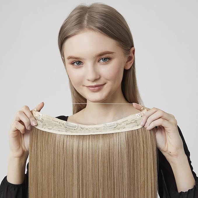 REECHO Invisible Wire Hair Extensions with Transparent Headband Adjustable Size Removable Secure Clips in Straight Secret Hairpiece for Women (16 Inch (Pack of 1), Deep Brown)