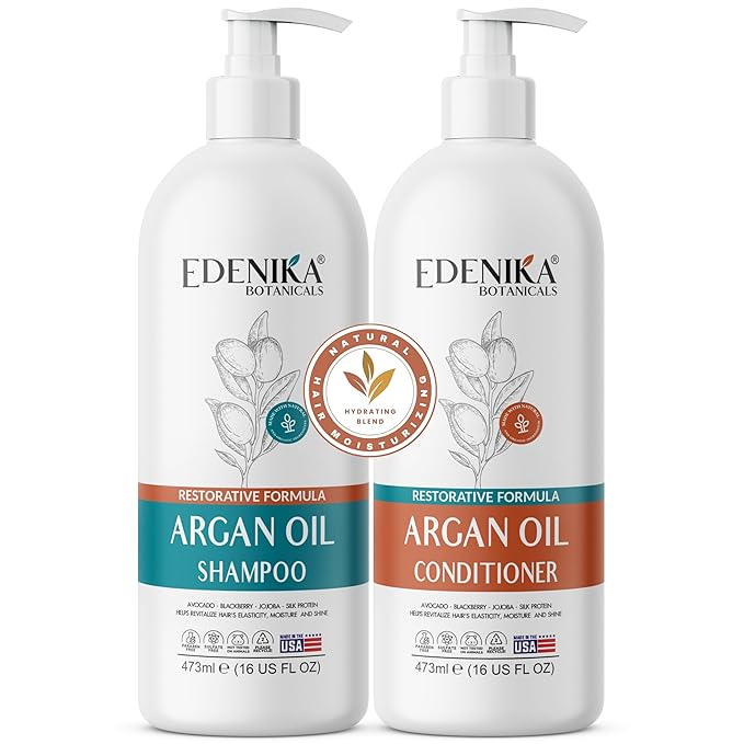 Edenika Botanicals Argan Oil Shampoo and Conditioner Set with Biotin, Repairs Dry & Damaged Hair, Deeply Hydrating & Nourishing, Women & Men, Sulfate-Free, Organic, 16 fl oz Each