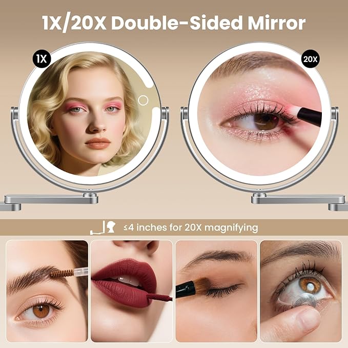 Wall Mounted Makeup Mirror with Lights, 8-inch 20X/1X Magnifying Mirror, Rechargeable LED Vanity Mirror with 3 Color Lights, 360° Swivel & Extendable Arm