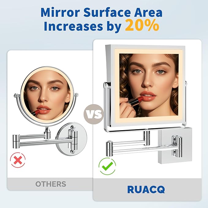 Ruacq Rechargeable Wall Mounted Makeup Mirror with Lights, Double Sided 1X/7X Magnifying Vanity Mirror with 3 Color Lighting, Touch Screen Dimmable, 360° Rotation Extension Foldable Arm(Chrome)