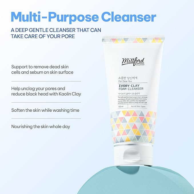 Millford Ivory Clay Foam Cleanser 150ml/5.1 fl.oz – Deep Pore Cleansing Facial Wash, Kaolin Clay + Glycerin Formula for Sebum Control, Oil Balance & Enlarged Pores, Korean Skincare for All Skin Types