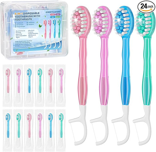 5-in-1 Disposable Toothbrush with Toothpaste (24 Pack), Individually Wrapped Mini Travel Toothbrush, Soft Bristles, Dental Floss, Toothpick & Tongue Scraper, No Water Needed, 4 Flavors