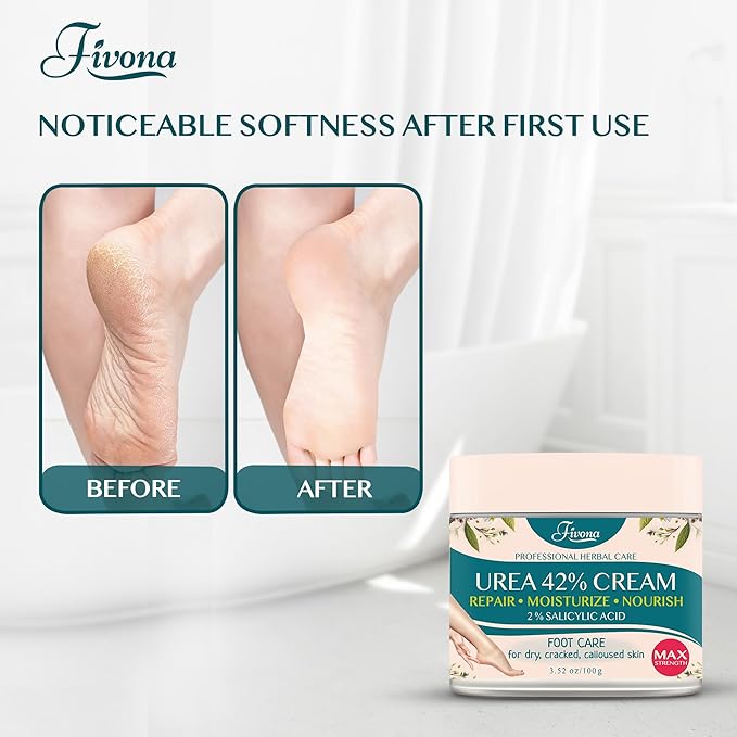 FIVONA 42% Urea Foot Cream for Thick, Rough Dry Skin - Maximum Strength Callus Softening with 2% Salicylic Acid, Tea Tree & Aloe Vera, 100g (3.5 oz) - Deep Moisturizing Foot Care
