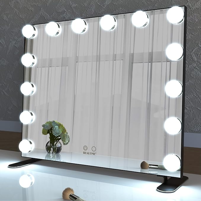 BEAUTME Vanity Mirror with Lights, Lighted Makeup Mirror with 14 Dimmer Bulbs, 2 Color Lighting Mode, Touch Control, Tabletop or Wall Mounted for Bedroom,Dressing Room,Balck 23.6" X 20"