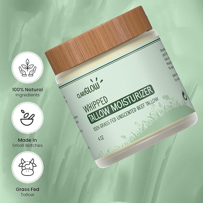 Clariglow Whipped Beef Tallow Skin Moisturizer - Unscented Grass Fed Organic Beef Tallow Face Cream - Honey Balm & Jojoba Oil - 4 oz