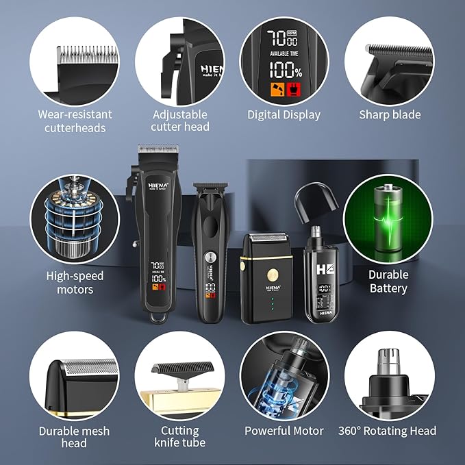HIENA PRO Hair Clippers for Men Professional, Cordless Barber Clipper T-Blade Beard/Hair Trimmer Electric Razor Foil Shaver Set, Men's Hair Cutting Kit with LED Display, Barber or Home Use