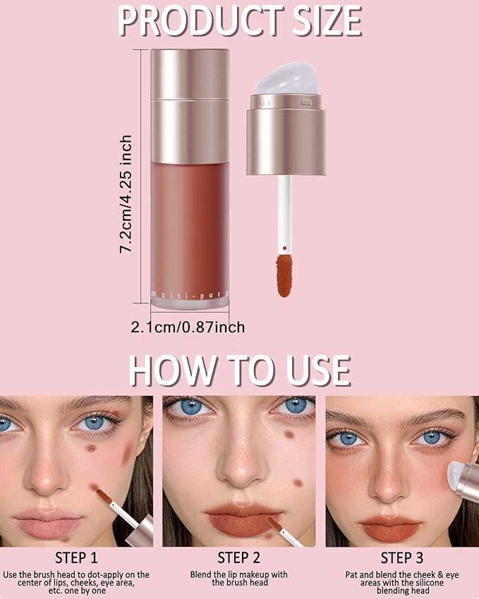 Velvet Cream Blush for Cheeks and Lips Tint,Brown Orange Matte Double-Ended Face Blusher with Silicone Brush,Blendable Waterproof Longlasting Liquid Blushes,Lightweight Facial Makeup Gift for Women-2#