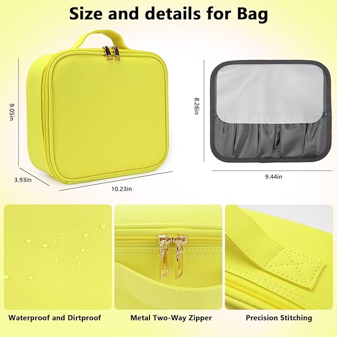 SLUMAZI Travel Makeup Bag with LED Mirror Travel Makeup Organizer with 3 Lighted Settings, Adjustable Dividers and Makeup Brush Storage Bag Yellow