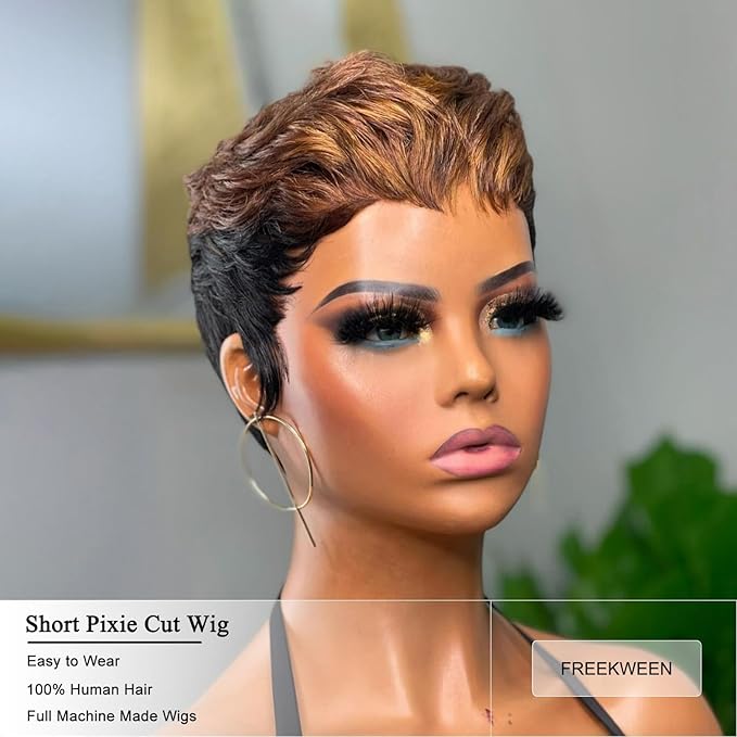 Pixie Cut Wigs for Black Women Short Layered Haircut Pixie Cut Wig Human Hair Natural Black and 4/30 colored Full Machine Made Glueless Wig with Bangs for daily use